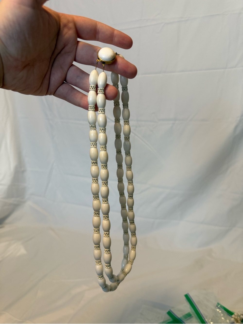 Vintage Monet Double Strand White Lucite Bead Necklace Silver Tone Signed